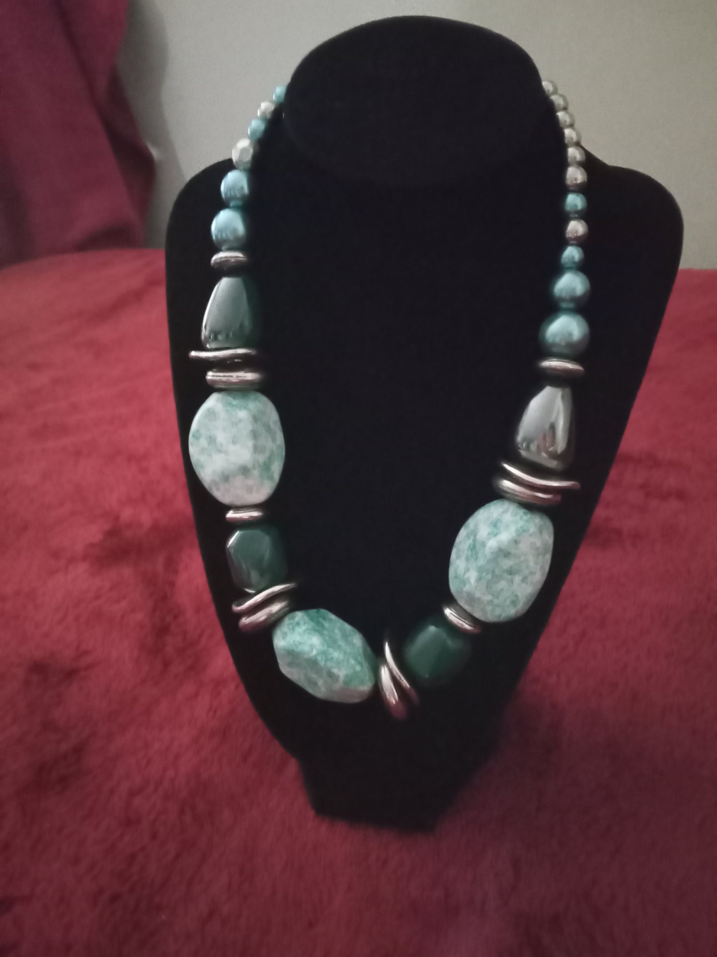 Silver aqua and grey tone pearl and oblonged shape neckclace