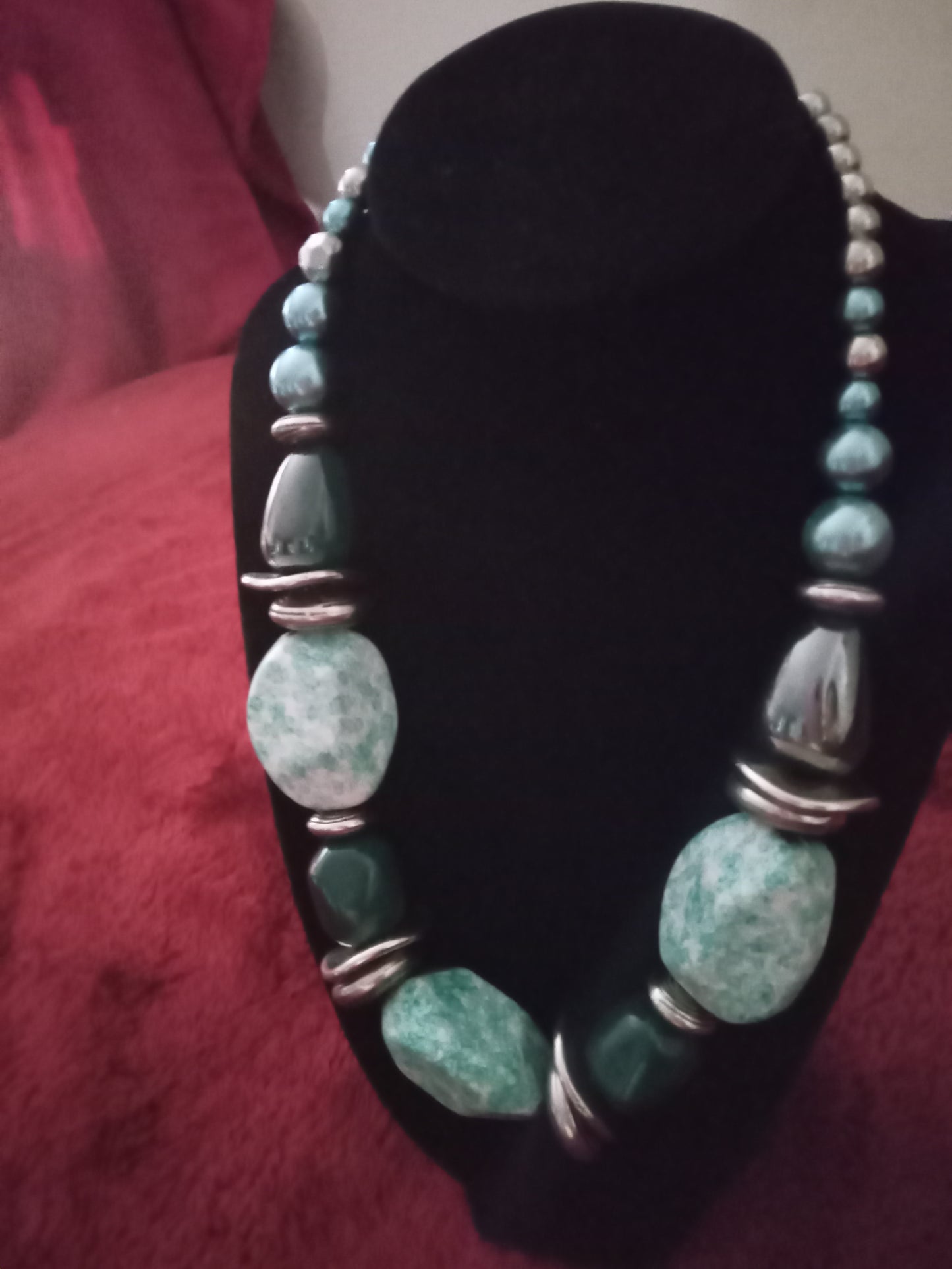 Silver aqua and grey tone pearl and oblonged shape neckclace